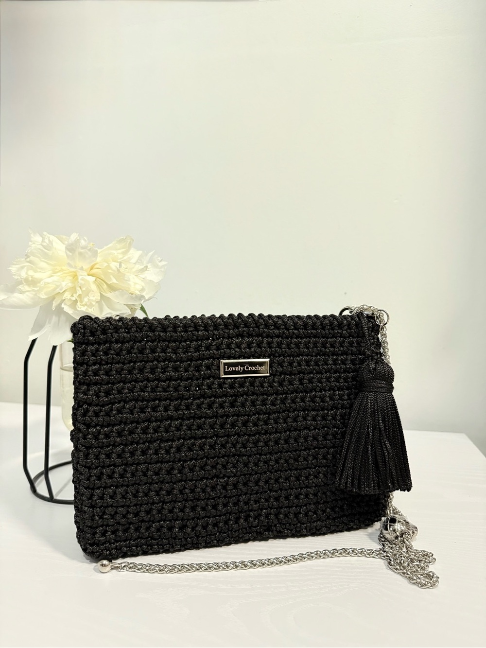 Black Knit Crossbody with Tassel and Chain Strap